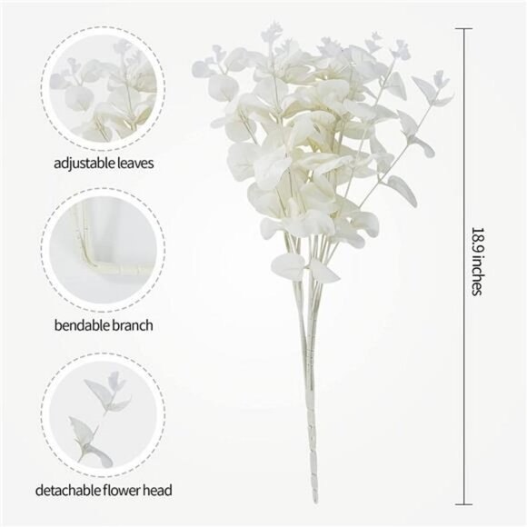 3Pcs Artificial Eucalyptus Leaves with White Flowers and Stems - Picture 1 of 7
